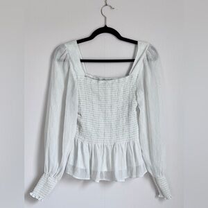 Nine West Smocked Peplum Top White Sheer Puff Sleeve Romantic Blouse Size Large